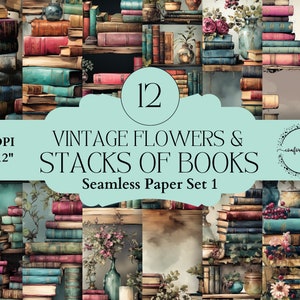 Vintage Flowers & Book Stacks Papers, Watercolor Images for Card Making, Junk Journals, Planner Pages, Party Printables, Decoupage, Ephemera