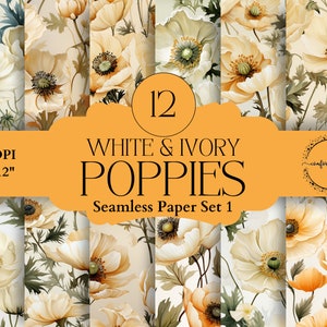 Papier aquarelle sans couture de coquelicots blancs et ivoire, motif floral, images botaniques - fabrication de cartes, journal indésirable, fête, découpage, éphémère