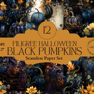 Citrouilles noires en filigrane d’Halloween pour la fabrication de cartes noires, Lovecraft Junk Journals, Pages de planificateur, Découpage d’Halloween, Éphémères, Invitations