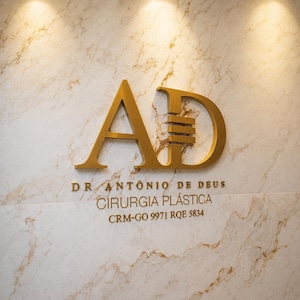 Puede incluir: Un logotipo 3D de color dorado con las letras AD y tres barras horizontales, montado sobre una pared de mármol blanco con vetas doradas. Debajo del logo, el texto dice DR. ANTÔNIO DE DEUS CIRURGIA PLÁSTICA CRM-GO 9971 RQE 5834 en letras doradas.
