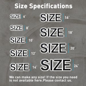 Puede incluir: Una tabla gris titulada Size Specifications que enumera varios tama&ntilde;os en pies, incluyendo 6', 8', 10', 12', 14', 16', 18', 20' y 24'. El texto dice: We can make any size! If the size you need is not available here. Please contact us.