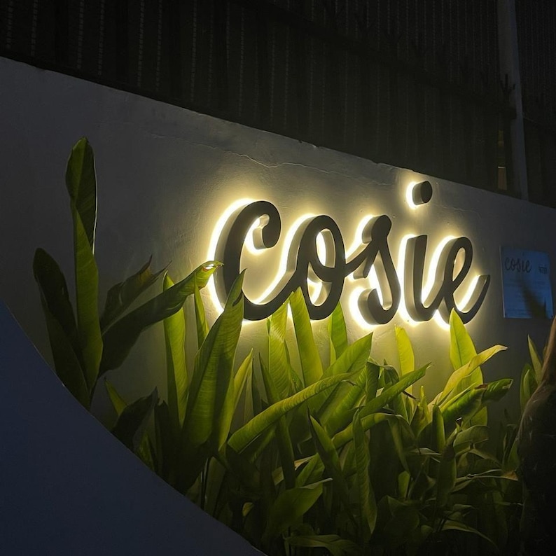Puede incluir: Un letrero de pared con la palabra cosie en letras cursivas oscuras y tridimensionales. El letrero est&aacute; iluminado desde atr&aacute;s con una luz c&aacute;lida y brillante que proyecta un halo suave contra la pared, situado sobre plantas de hojas verdes.
