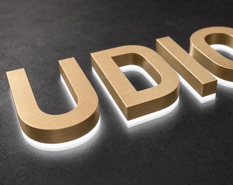 Custom Backlit Logo Stainless Steel Sign, 3D Metal Business Logo Sign, Storefront Office Reception Wall Sign, Illuminated Letters