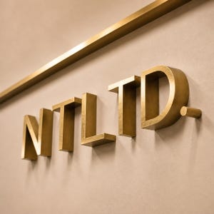 Puede incluir: Letras de metal de color latón en tres dimensiones que forman la inscripción NTLTD. montadas sobre una pared plana de color claro. Las letras tienen un acabado mate y proyectan sombras suaves. Una barra horizontal de color latón se sitúa encima.