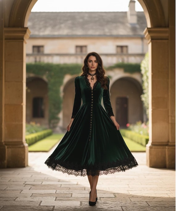 green velvet and lace dress Emerald Green Flower Lace Velvet Long Sleeve Vintage Dress, Emerald Green / L