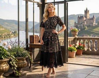 Elegant Black Lace Patchwork Dress French Y2K A-Line Party Gown Long O-Neck Zipper Maxi