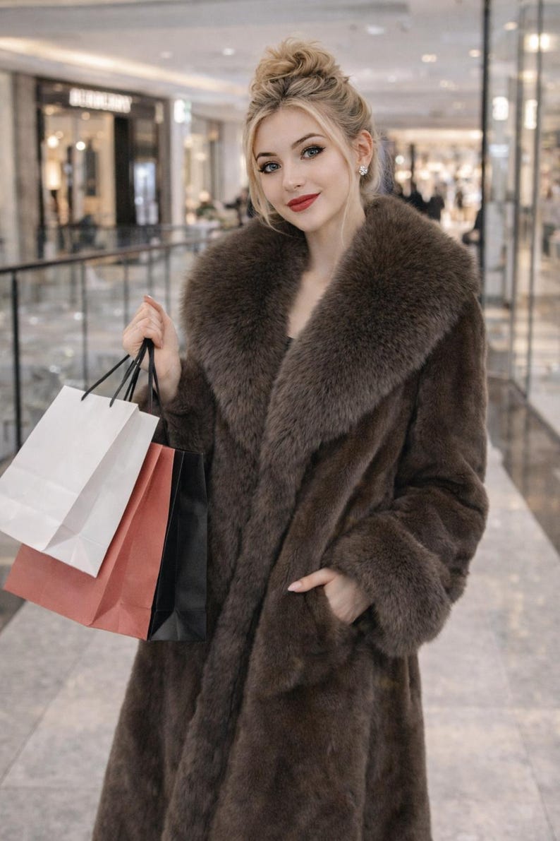 May include: A long, brown faux fur coat with a large collar and pockets. The coat is worn by a person holding shopping bags in white, coral, and black. The background shows a shopping mall.