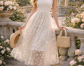 Women’s Daisy Print Midi Dress – Mesh Spaghetti Strap Summer Party Vacation Outfit