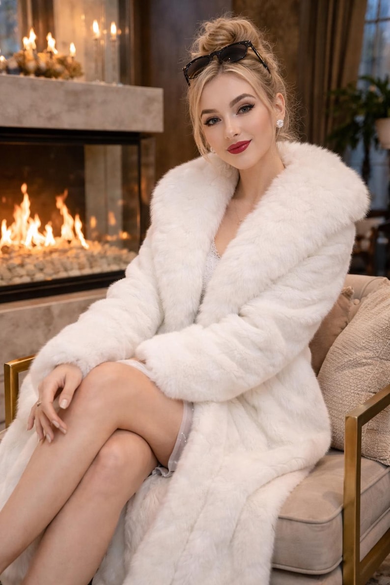 May include: A long, white faux fur coat with a wide collar. The coat is worn over a white dress. The person is wearing sunglasses on their head and sitting in a chair. A fireplace with a lit fire is in the background.