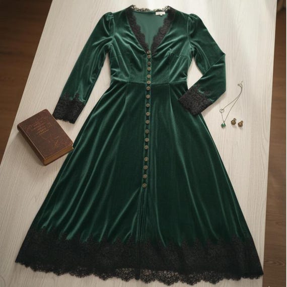 green velvet lace dress V-Neck with Trim, Vintage A-Line Winter Style emerald green velvet dress