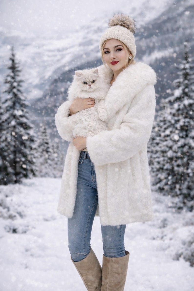 May include: A white faux fur coat with a matching hat and a fluffy white cat. The coat has a large collar and is worn with blue jeans and tan boots. The background features a snowy landscape with evergreen trees.