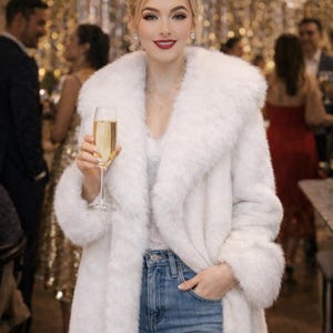 May include: A woman in a white faux fur coat, holding a champagne flute. She wears blue jeans, a white top, and sunglasses atop her head. The background features a party setting with other people and decorative lights.