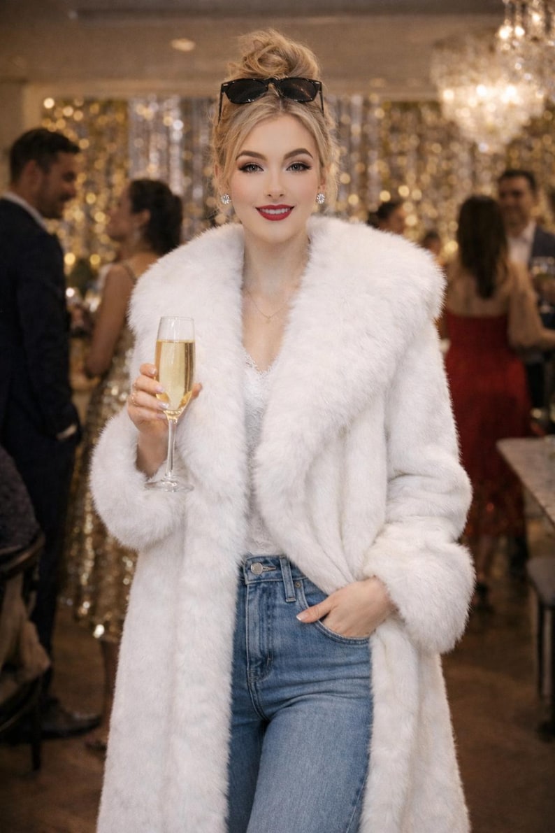 May include: A woman in a white faux fur coat, holding a champagne flute. She wears blue jeans, a white top, and sunglasses atop her head. The background features a party setting with other people and decorative lights.