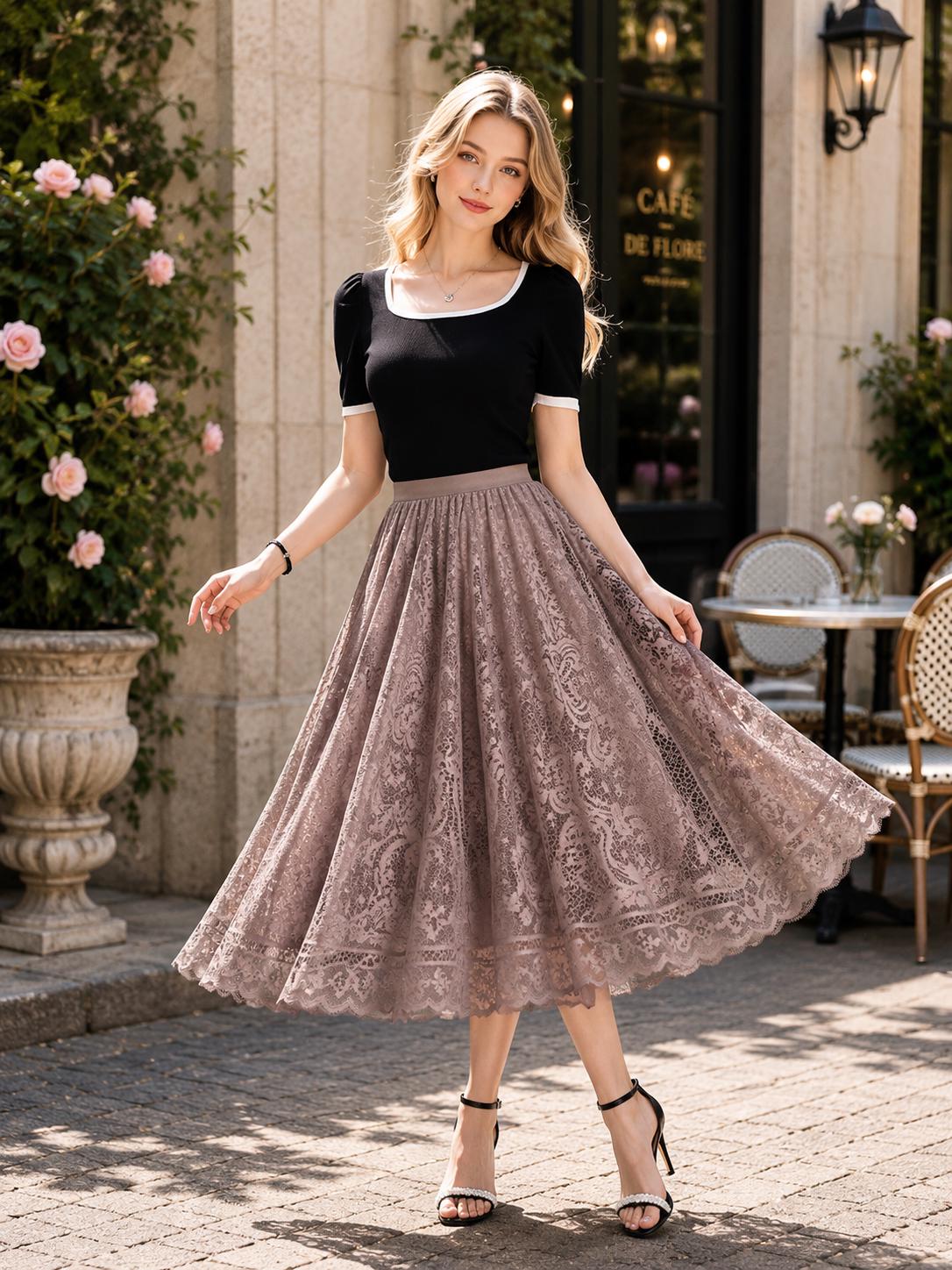 silk black dress short Sleeve With Black Lace Details CUSTOM2_NEWIN Get ready to shine Lifestorey Lorraine Mid-century Modern Color:Champagne Chiffon / Gold Champagne Satin