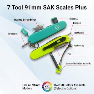 Könnte beinhalten: Zwei 91mm SAK-Griffschalen in Türkis und Neongelb mit Schlitzen für Quattro-Schraubendreher, microSD-Karte, Kugelschreiber, Zahnstocher, Pinzette, Nadel und Taschenclip. Inklusive Schlüsselband. Text: 7 Tool 91mm SAK Scales Plus.