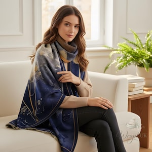 Lyxig blå mönstrad halsduk för kvinnor - mjuk och varm sjal