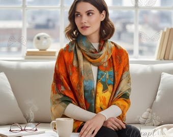 Bufanda con estampado artístico otoñal / Abrigo suave y ligero