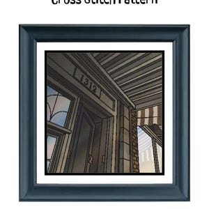 May include: Framed cross-stitch pattern featuring a detailed architectural facade with the number 1312 above the door. The pattern includes 350 x 355 stitches, measuring 19.4 x 19.7 inches, and uses 69 colors. The frame is a dark blue.