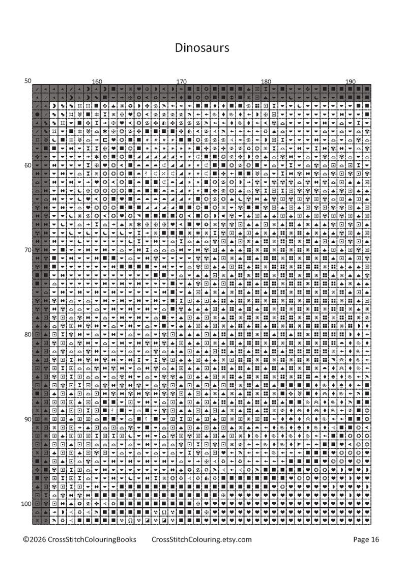 May include: A black and white cross-stitch pattern chart titled Dinosaurs, featuring a grid layout with numbered rows from 50 to 100 and columns from 160 to 190. The grid contains various geometric symbols, and the footer displays copyright text.