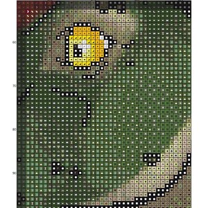 May include: A cross-stitch pattern chart titled Dinosaurs, page 16, featuring a grid with symbols representing colors. The design shows a green dinosaur with a large yellow eye, set against a dark background. Includes copyright text at the bottom.