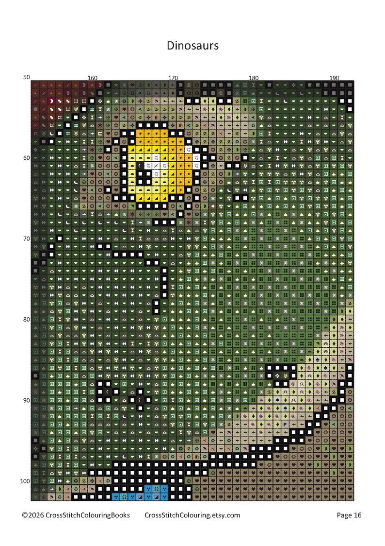 May include: A cross-stitch pattern chart titled Dinosaurs, page 16, featuring a grid with symbols representing colors. The design shows a green dinosaur with a large yellow eye, set against a dark background. Includes copyright text at the bottom.