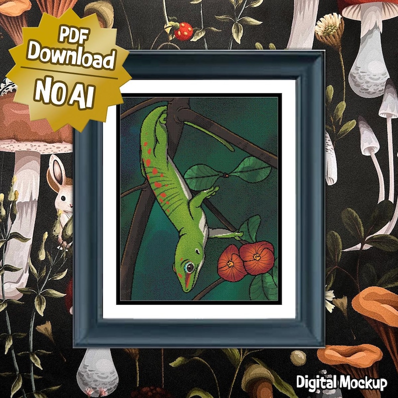 Green Gecko - Large Counted Cross Stitch Pattern, Intermediate Difficulty image 1