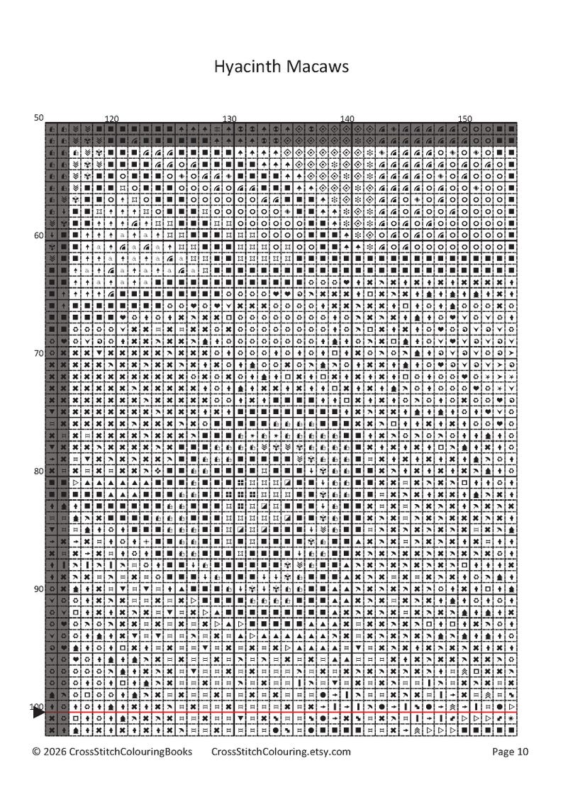 May include: A black and white cross stitch pattern chart titled Hyacinth Macaws, featuring a grid with numbered rows and columns. The document includes various symbols within the grid squares, a copyright notice for 2026 CrossStitchColouringBooks, and page 10.