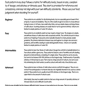 May include: A black and white informational chart titled Stitching Difficulty Levels. The text outlines criteria for beginner, easy, intermediate, and advanced levels, detailing factors like pattern size, color palettes, and stitch complexity.