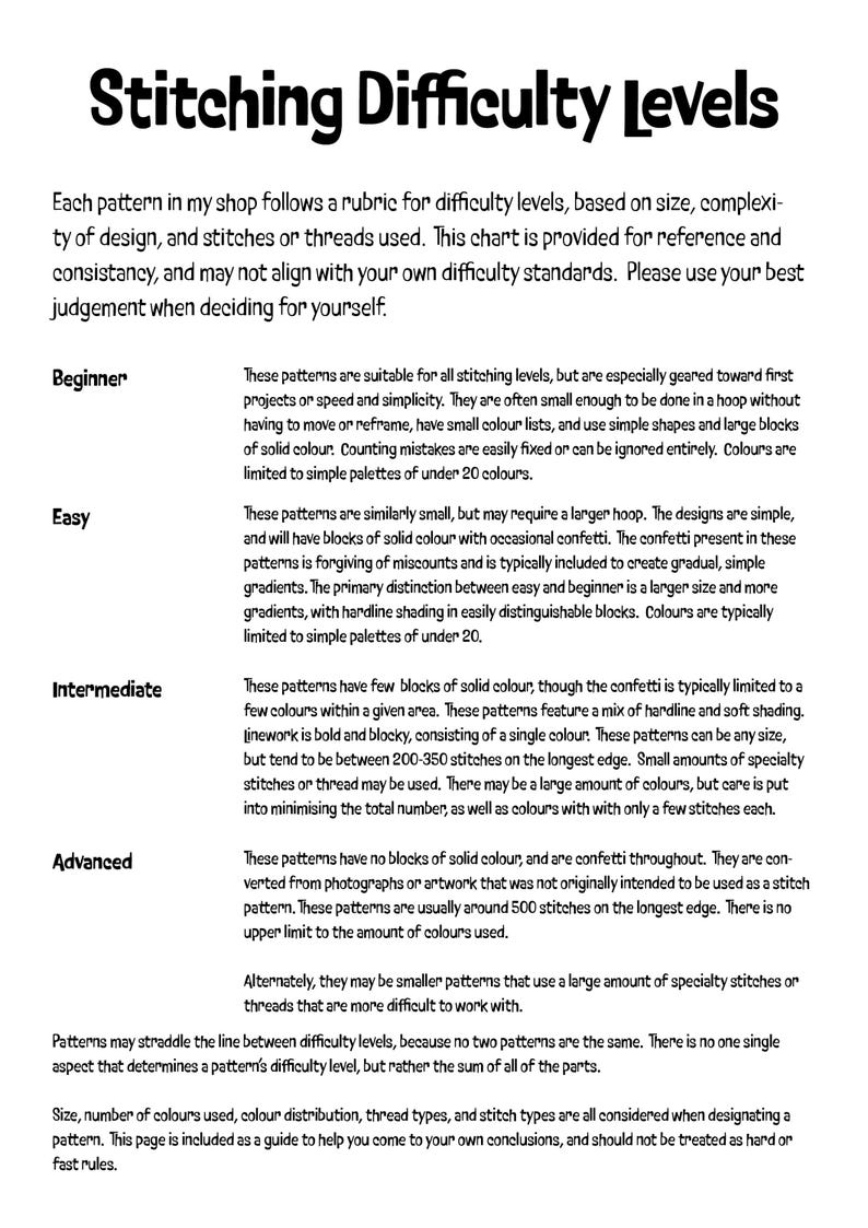 May include: A black and white informational chart titled Stitching Difficulty Levels. The text outlines criteria for beginner, easy, intermediate, and advanced levels, detailing factors like pattern size, color palettes, and stitch complexity.