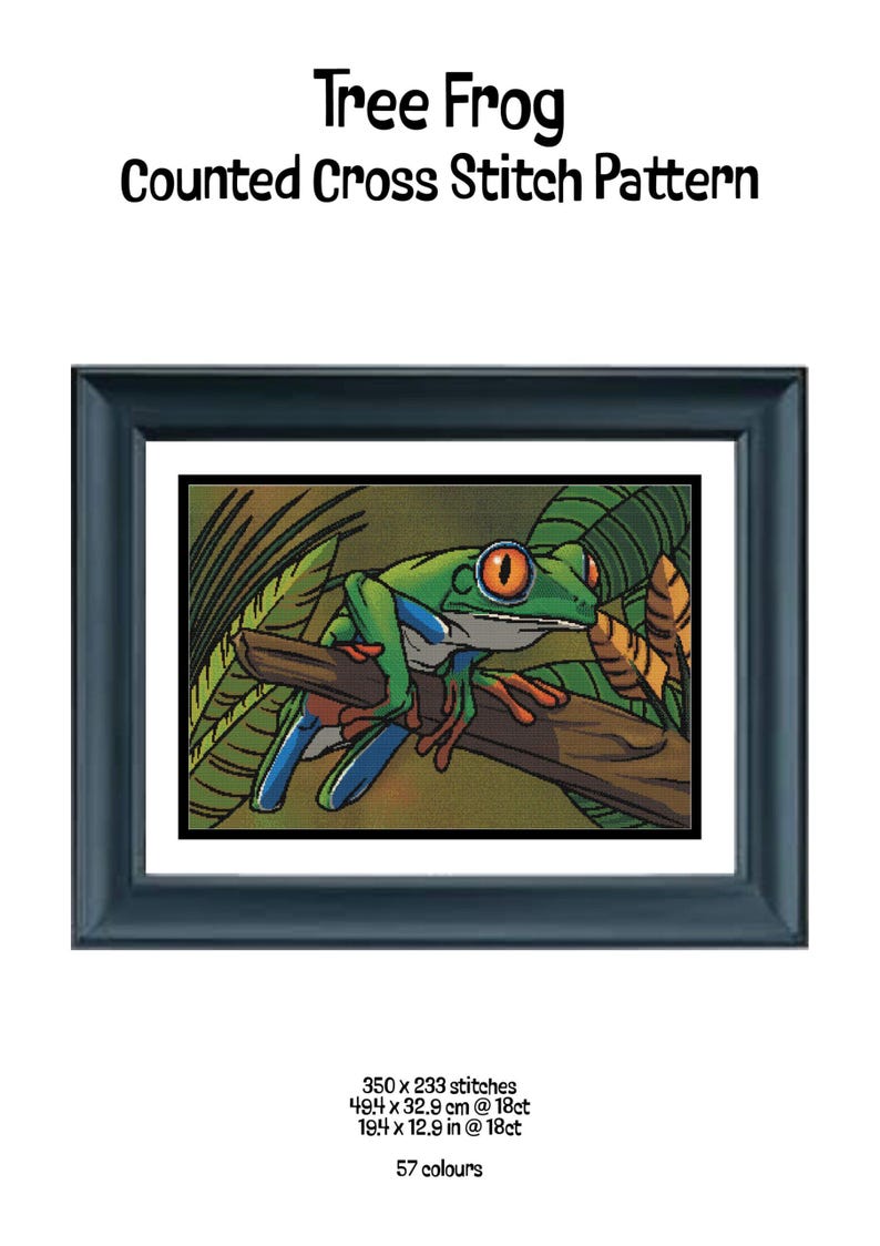 Tree Frog - Large Sized Counted Cross Stitch Pattern - Intermediate Difficulty image 2