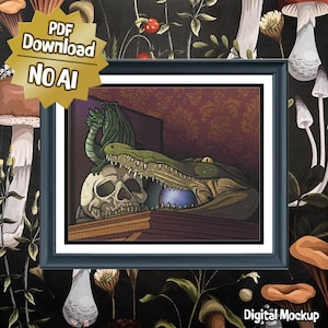 May include: A framed digital illustration featuring a green dragon perched atop a human skull, positioned next to a large crocodile head with an open mouth containing a glowing blue orb. The background displays a dark red damask wallpaper pattern.