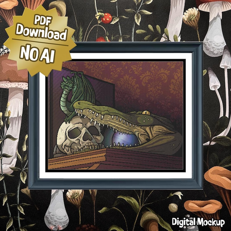 May include: A framed digital illustration featuring a green dragon perched atop a human skull, positioned next to a large crocodile head with an open mouth containing a glowing blue orb. The background displays a dark red damask wallpaper pattern.
