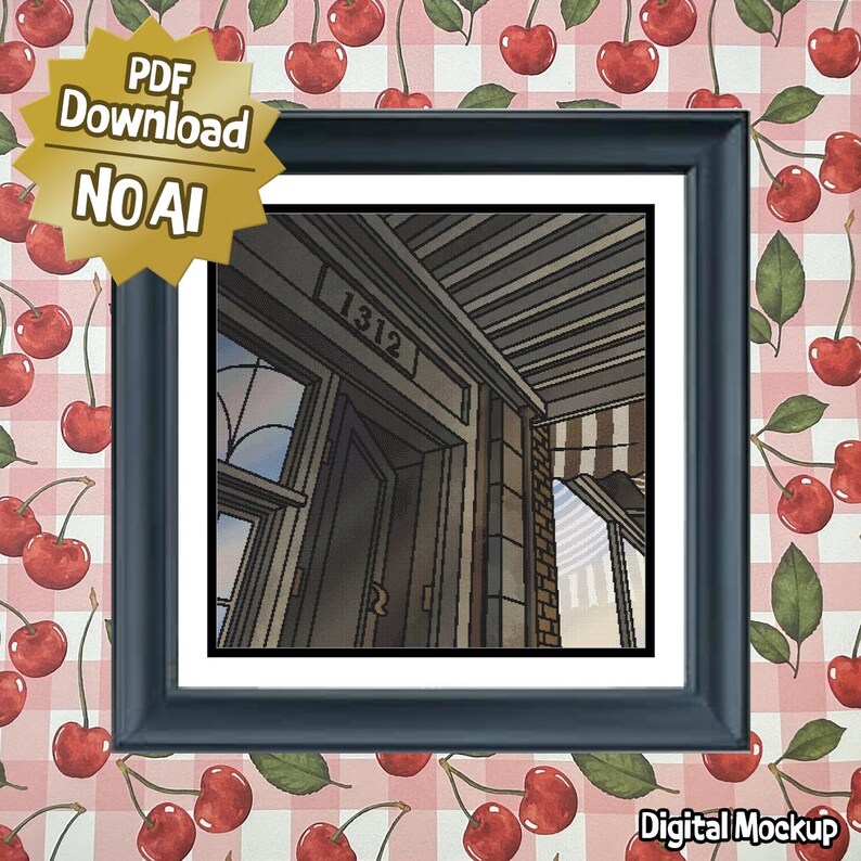 May include: A framed print featuring a detailed illustration of a building entrance with the number "1312" above the door. The artwork is set against a cherry-patterned background. The image includes text that says "PDF Download NO AI" and "Digital Mockup".