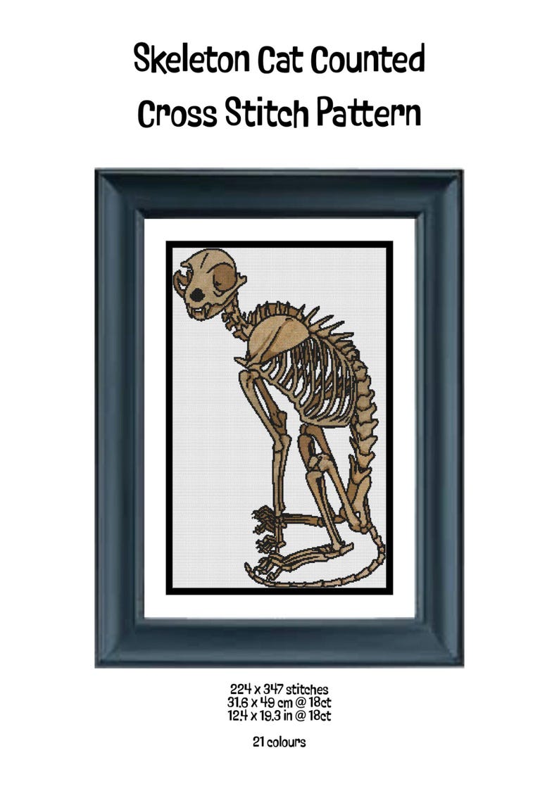 Puede incluir: Un patr&oacute;n de punto de cruz contado titulado Skeleton Cat Counted Cross Stitch Pattern, con una ilustraci&oacute;n de un esqueleto de gato color canela. El dise&ntilde;o mide 224 x 347 puntos, 31,6 x 49 cm a 18ct, usa 21 colores y est&aacute; enmarcado.