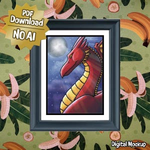 May include: A framed digital illustration of a red dragon with yellow scales against a dark blue night sky featuring a full moon and stars. A gold star-shaped badge in the top left corner contains the text PDF Download NO AI.