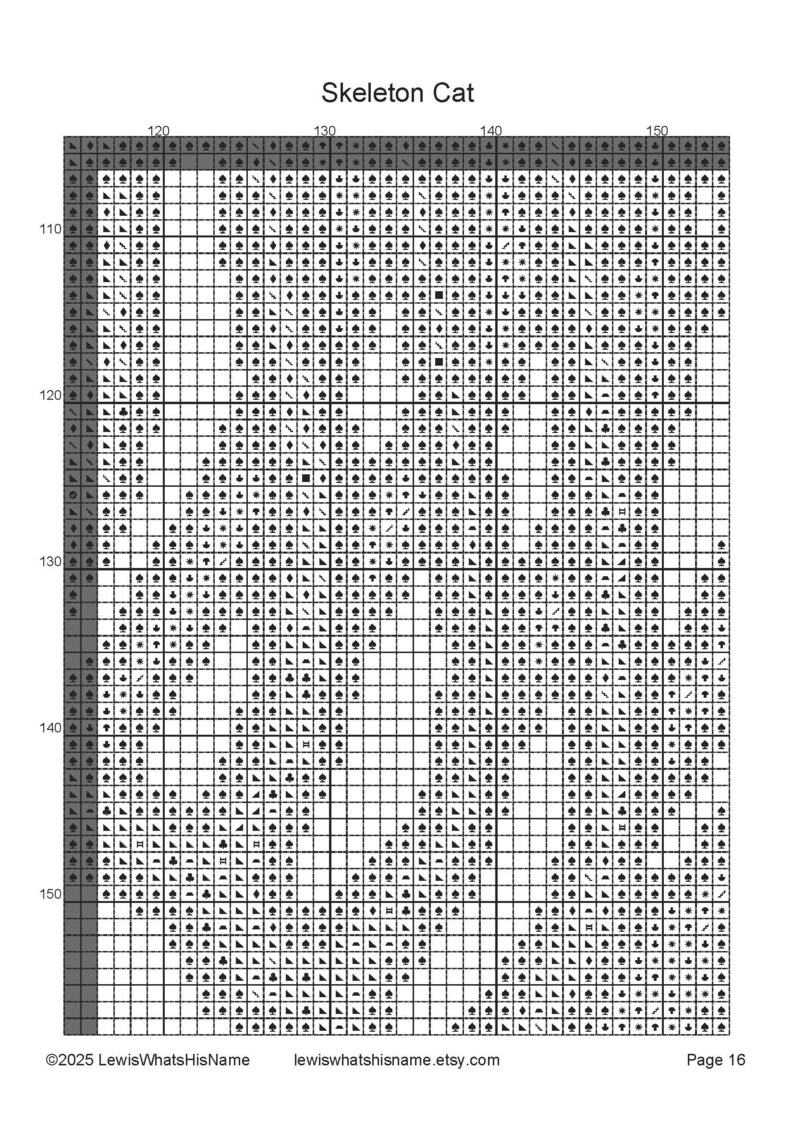 Puede incluir: Un patr&oacute;n de punto de cruz en blanco y negro titulado Skeleton Cat, que presenta un dise&ntilde;o de cuadr&iacute;cula con ejes numerados del 110 al 150. El dise&ntilde;o utiliza varios s&iacute;mbolos dentro de los cuadrados para representar puntadas, con texto de copyright.