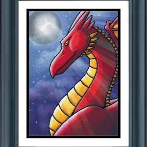 May include: A framed digital art print featuring a red dragon with yellow underbelly scales, set against a dark blue night sky with a large full moon and scattered white stars. The artwork is enclosed in a simple black rectangular frame.