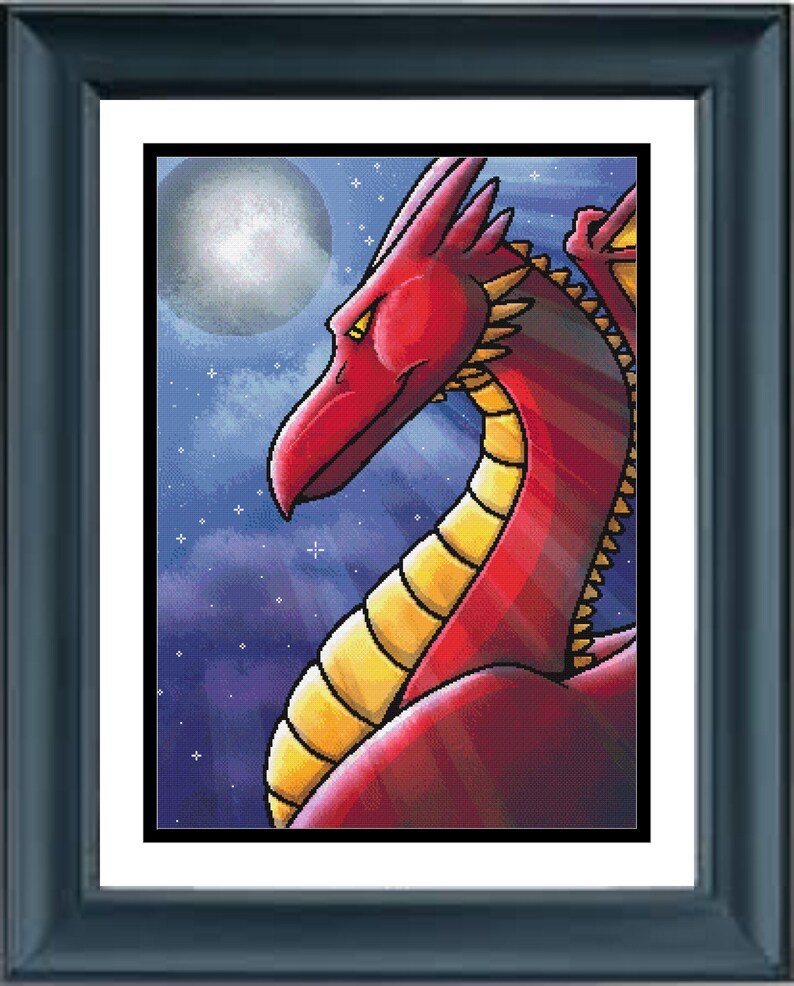 May include: A framed digital art print featuring a red dragon with yellow underbelly scales, set against a dark blue night sky with a large full moon and scattered white stars. The artwork is enclosed in a simple black rectangular frame.