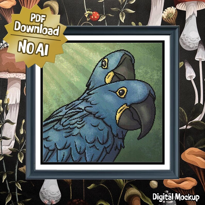 May include: A square framed digital illustration featuring two blue hyacinth macaws with dark grey beaks and yellow eye rings, set against a textured green background. A gold star-shaped badge in the corner displays the text PDF Download NO AI.