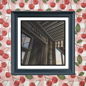 May include: A framed artwork featuring a detailed illustration of a building's entrance, with the number "1312" above the door. The artwork is set against a cherry-patterned background, with a dark blue frame.