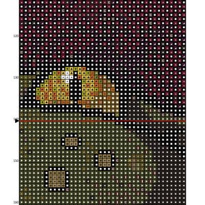 May include: A cross stitch pattern page titled Curiosities, featuring a grid with symbols representing colors. The design includes a dark purple upper section, a central yellow and orange curved shape, and a lower olive green area with squares.