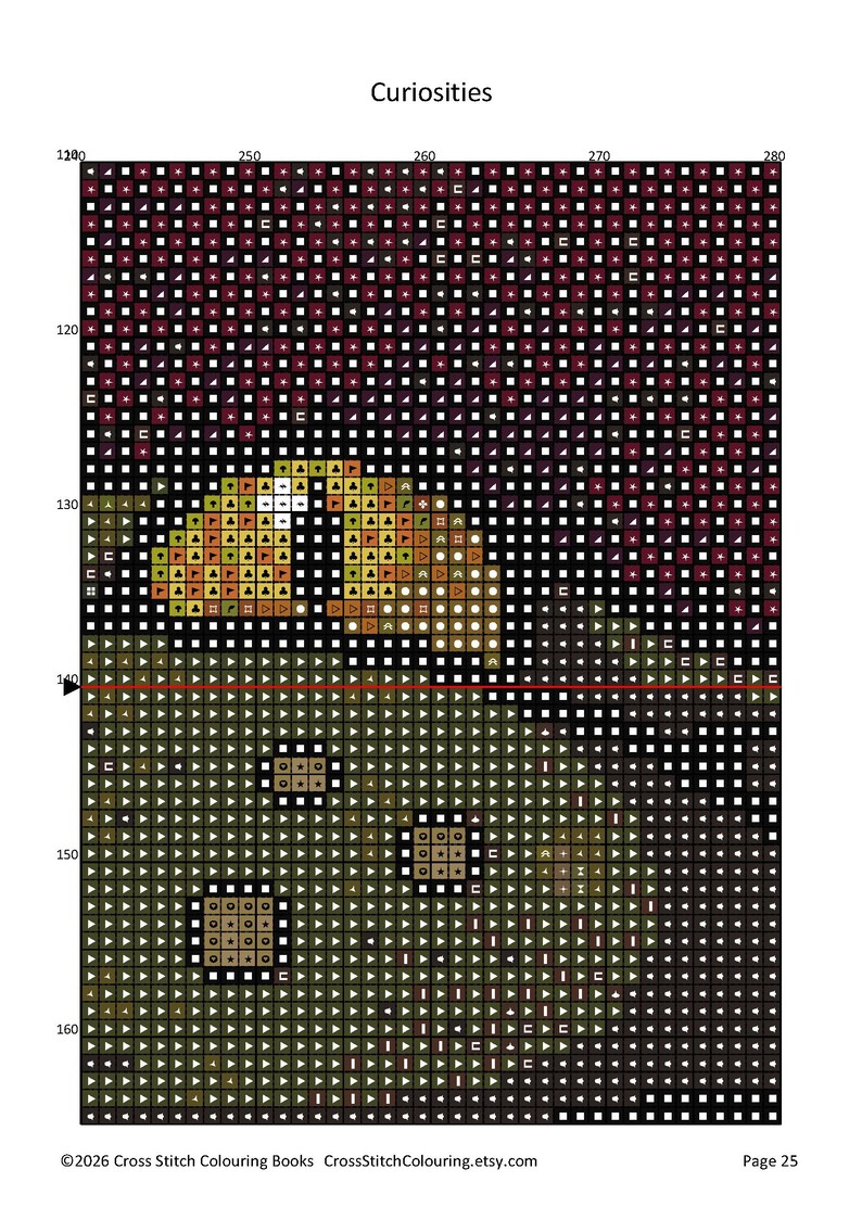 May include: A cross stitch pattern page titled Curiosities, featuring a grid with symbols representing colors. The design includes a dark purple upper section, a central yellow and orange curved shape, and a lower olive green area with squares.