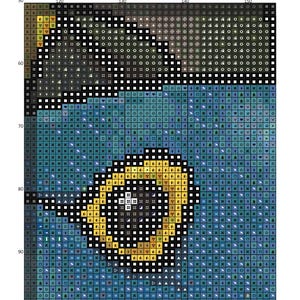 May include: A cross-stitch pattern page titled Hyacinth Macaws, featuring a grid with symbols representing blue and yellow colors. The design shows a bird eye detail with a yellow ring and black center, set against a blue and dark background.