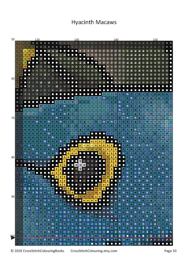 May include: A cross-stitch pattern page titled Hyacinth Macaws, featuring a grid with symbols representing blue and yellow colors. The design shows a bird eye detail with a yellow ring and black center, set against a blue and dark background.
