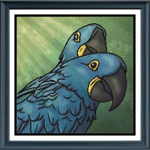 May include: A framed digital illustration featuring two blue hyacinth macaws with dark grey beaks and yellow eye rings. The birds are positioned against a textured, light green background with subtle diagonal light rays emanating from the top left.