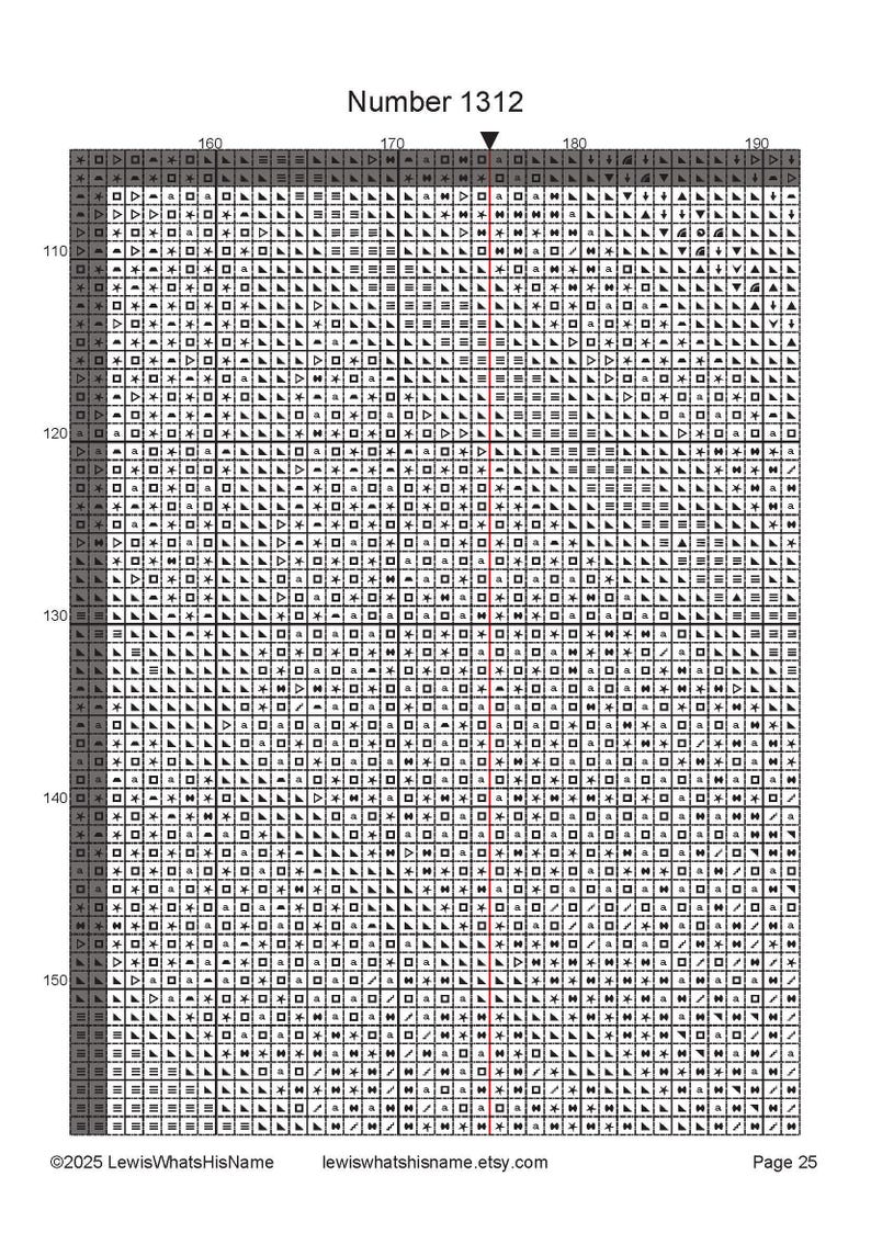 May include: A cross-stitch pattern chart with the title "Number 1312" at the top. The chart is a grid of symbols and numbers, with a red vertical line. The Etsy shop name and copyright are at the bottom.