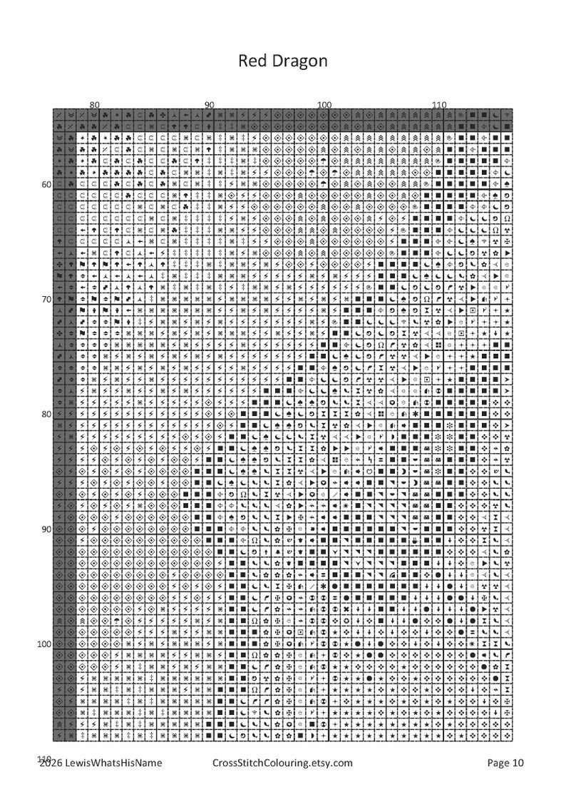 May include: A cross-stitch pattern chart titled Red Dragon, featuring a grid of black and white symbols on a white background. The document includes numerical coordinates, the text LewisWhatsHisName, CrossStitchColouring.etsy.com, and Page 10.