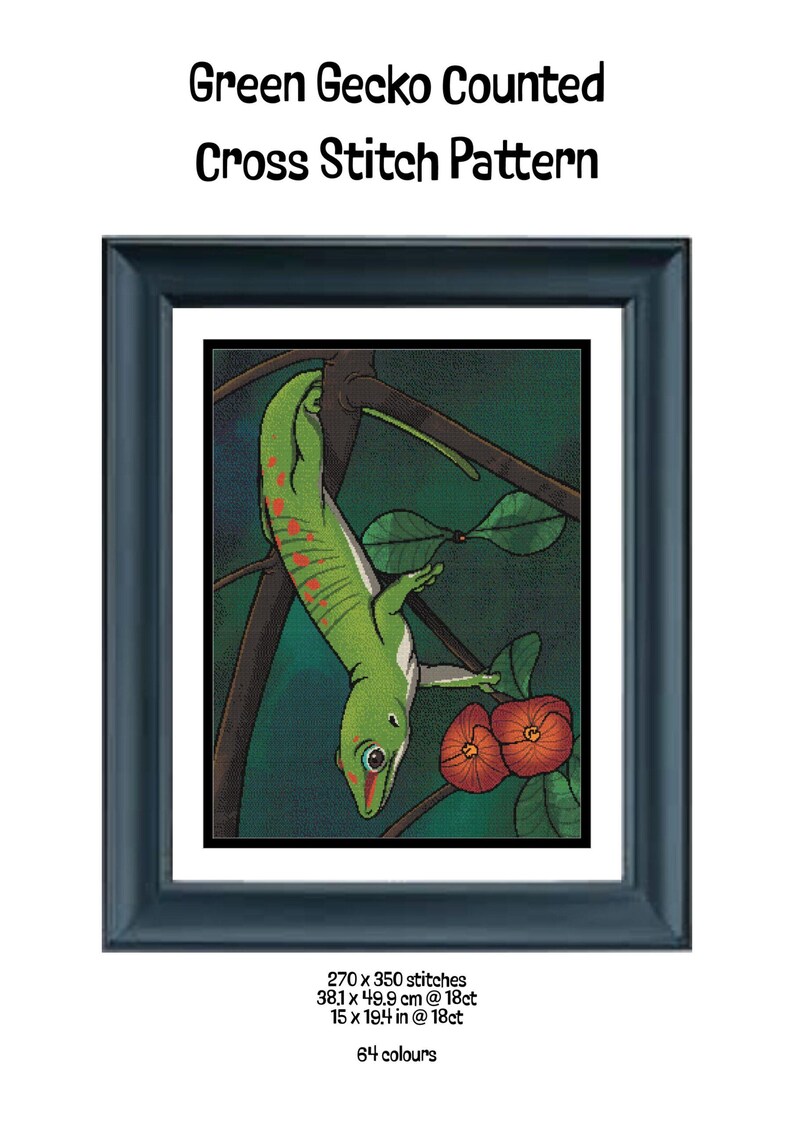 Green Gecko - Large Counted Cross Stitch Pattern, Intermediate Difficulty image 2