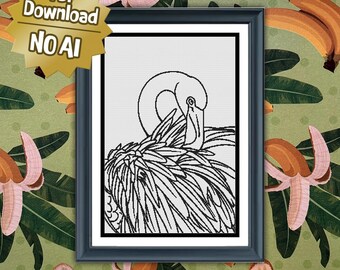 Pink Flamingo | Cross Stitch Colouring Book | Intermediate