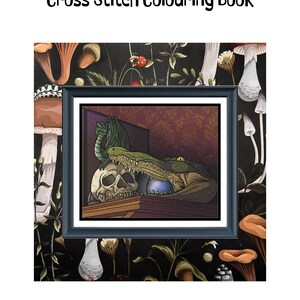 May include: Curiosities Cross Stitch Colouring Book featuring a framed illustration of a green dragon perched on a skull next to a crocodile head holding a blue orb. The text reads 350 x 280 stitches, 19 x 16 in @ 18ct, and 122 Colours.